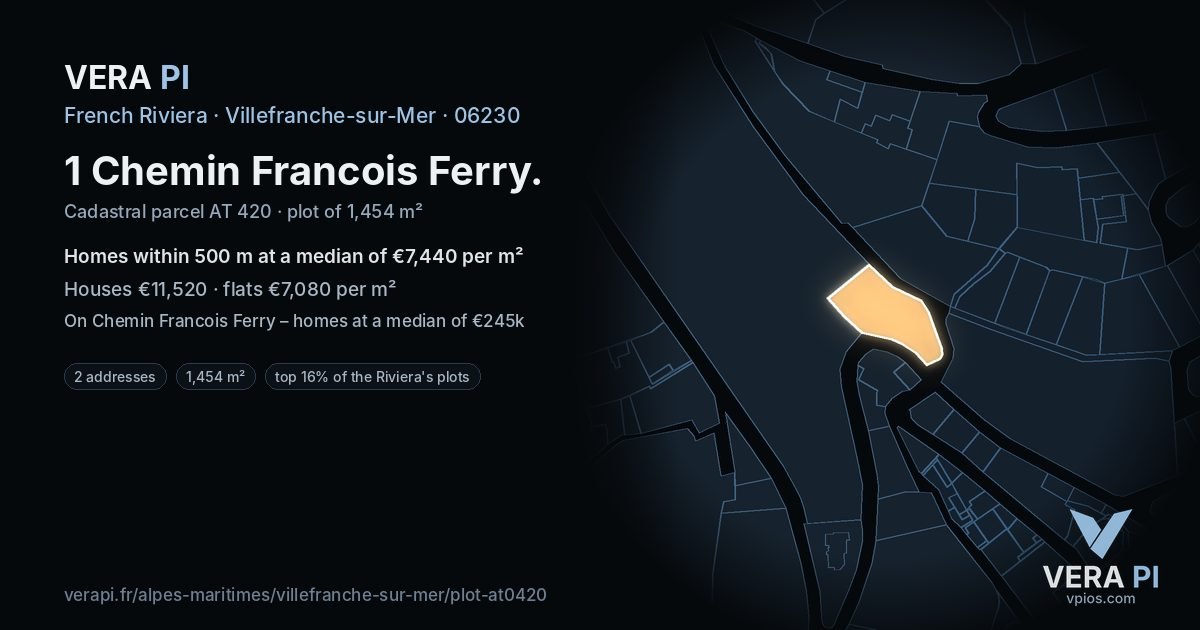 1 Chemin Francois Ferry, Villefranche-sur-Mer at night – the plot lit, the parcels around coloured by the prices near them