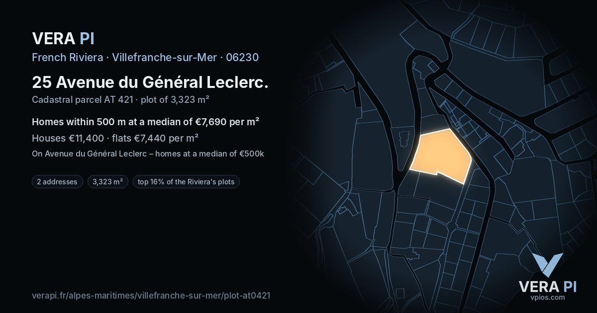 25 Avenue du Général Leclerc, Villefranche-sur-Mer at night – the plot lit, the parcels around coloured by the prices near them