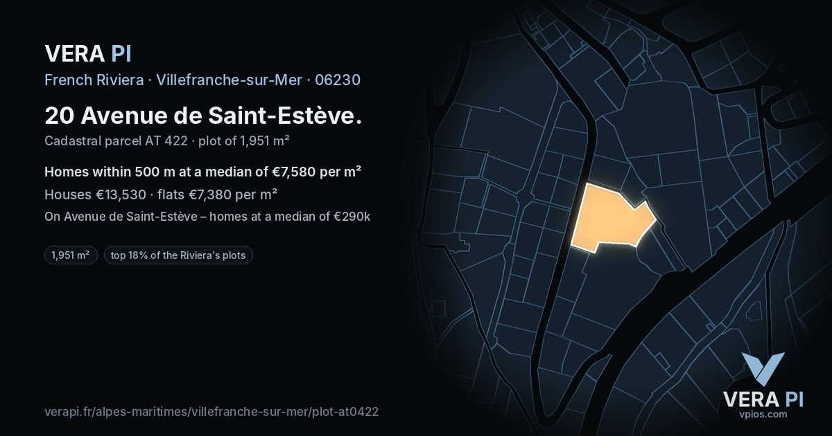 20 Avenue de Saint-Estève, Villefranche-sur-Mer at night – the plot lit, the parcels around coloured by the prices near them