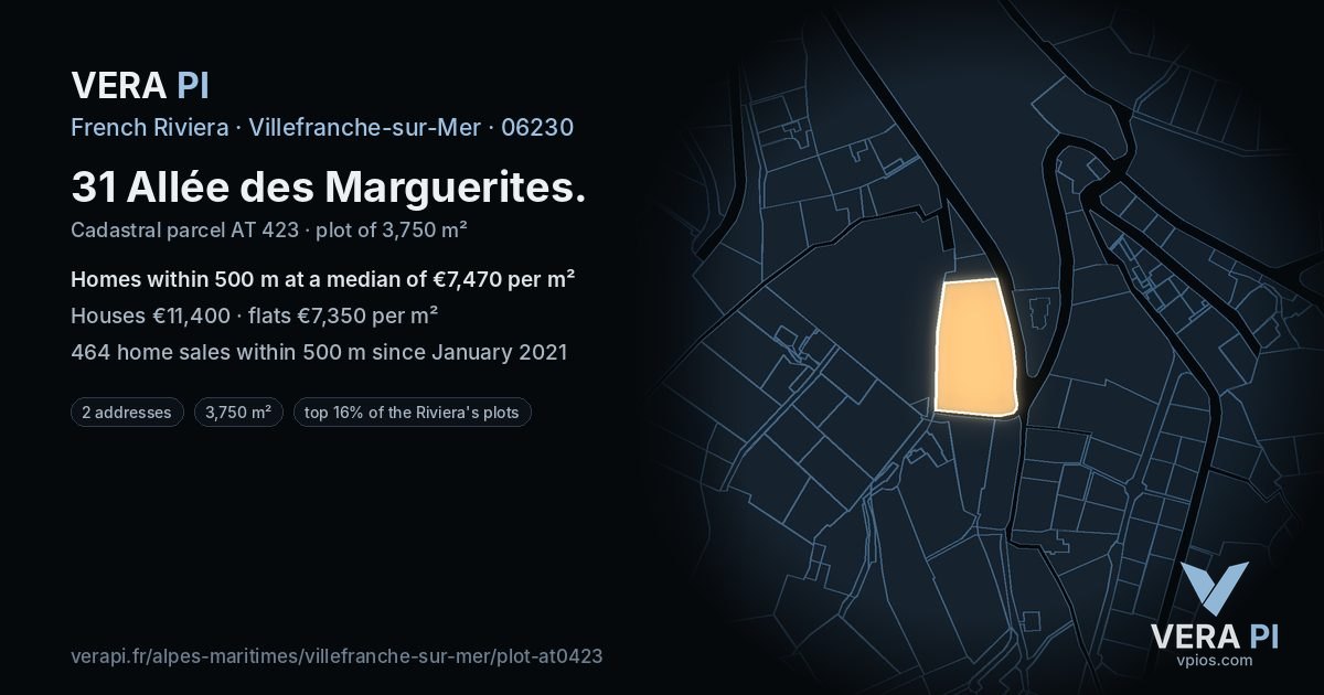 31 Allée des Marguerites, Villefranche-sur-Mer at night – the plot lit, the parcels around coloured by the prices near them