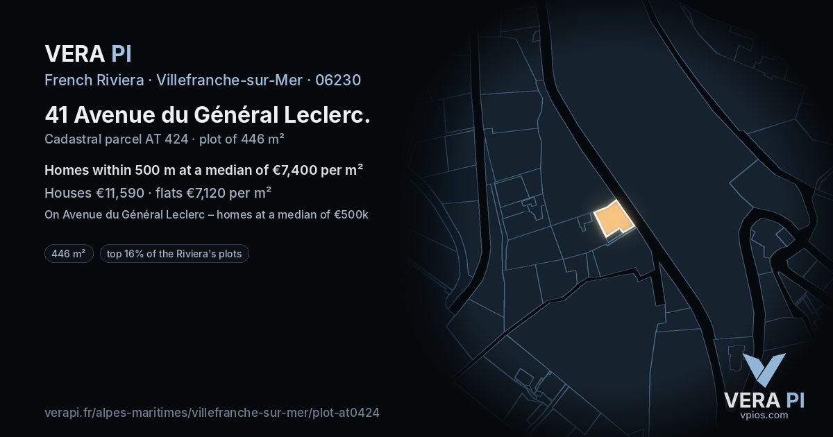 41 Avenue du Général Leclerc, Villefranche-sur-Mer at night – the plot lit, the parcels around coloured by the prices near them