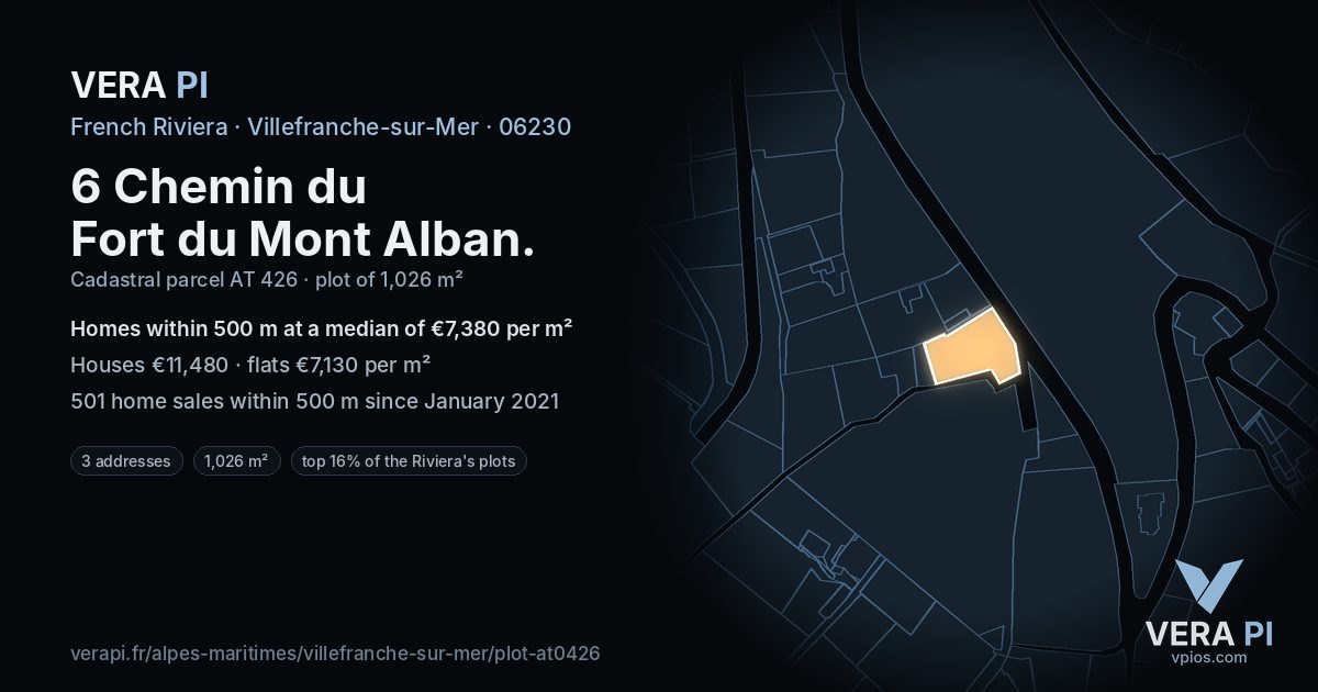 6 Chemin du Fort du Mont Alban, Villefranche-sur-Mer at night – the plot lit, the parcels around coloured by the prices near them