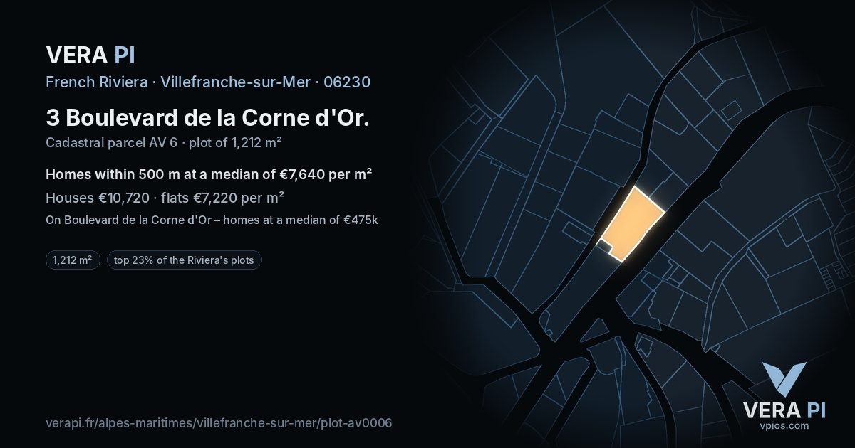 3 Boulevard de la Corne d'Or, Villefranche-sur-Mer at night – the plot lit, the parcels around coloured by the prices near them