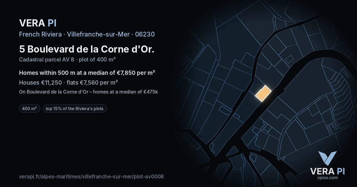 5 Boulevard de la Corne d'Or, Villefranche-sur-Mer at night – the plot lit, the parcels around coloured by the prices near them