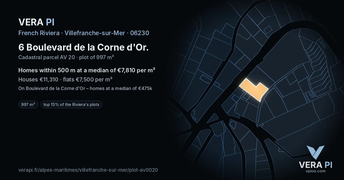6 Boulevard de la Corne d'Or, Villefranche-sur-Mer at night – the plot lit, the parcels around coloured by the prices near them