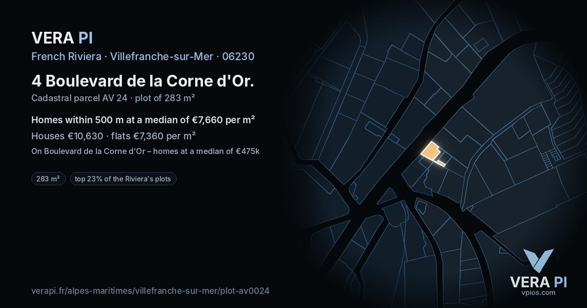 4 Boulevard de la Corne d'Or, Villefranche-sur-Mer at night – the plot lit, the parcels around coloured by the prices near them