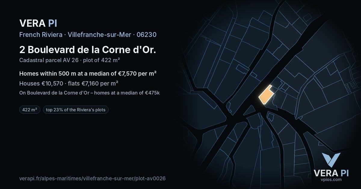 2 Boulevard de la Corne d'Or, Villefranche-sur-Mer at night – the plot lit, the parcels around coloured by the prices near them