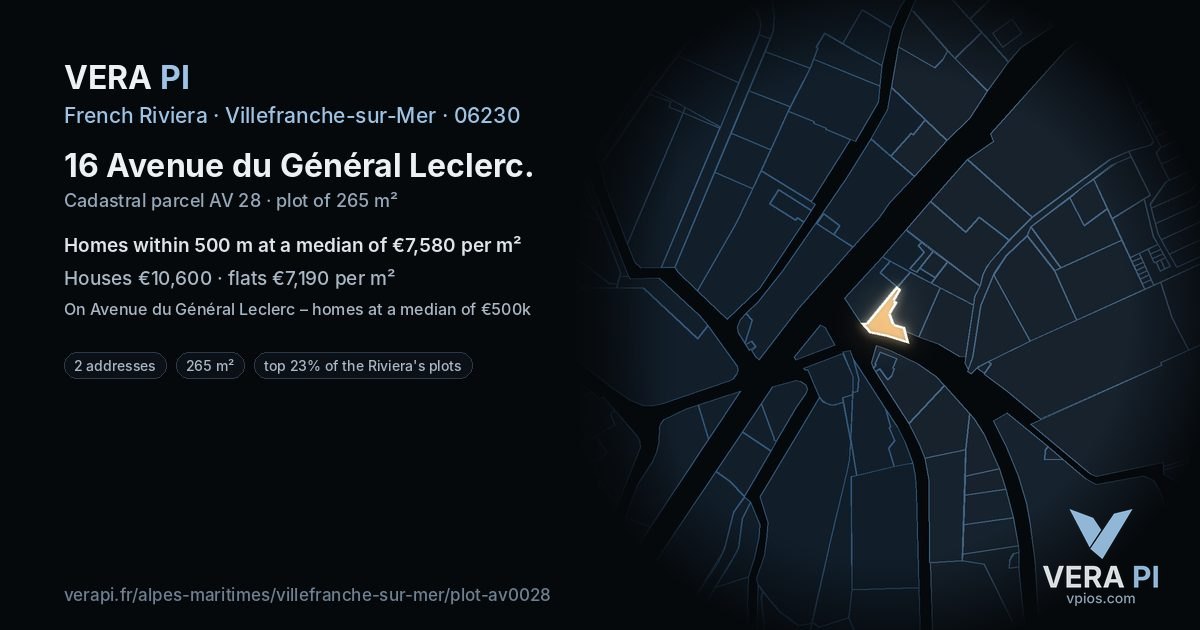 16 Avenue du Général Leclerc, Villefranche-sur-Mer at night – the plot lit, the parcels around coloured by the prices near them