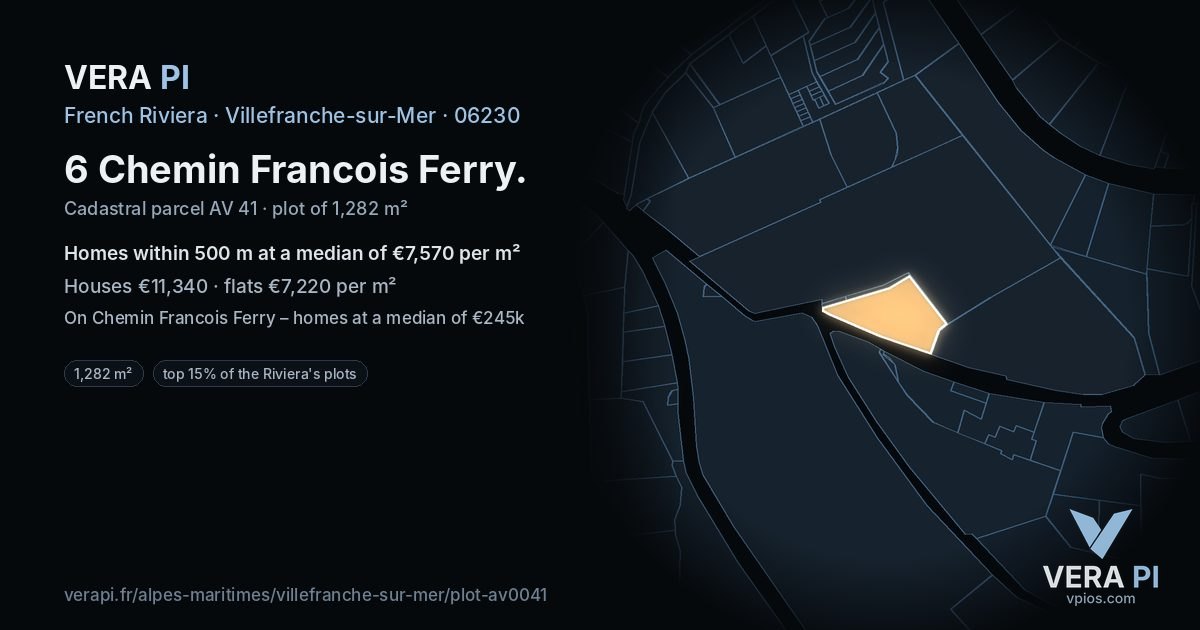 6 Chemin Francois Ferry, Villefranche-sur-Mer at night – the plot lit, the parcels around coloured by the prices near them