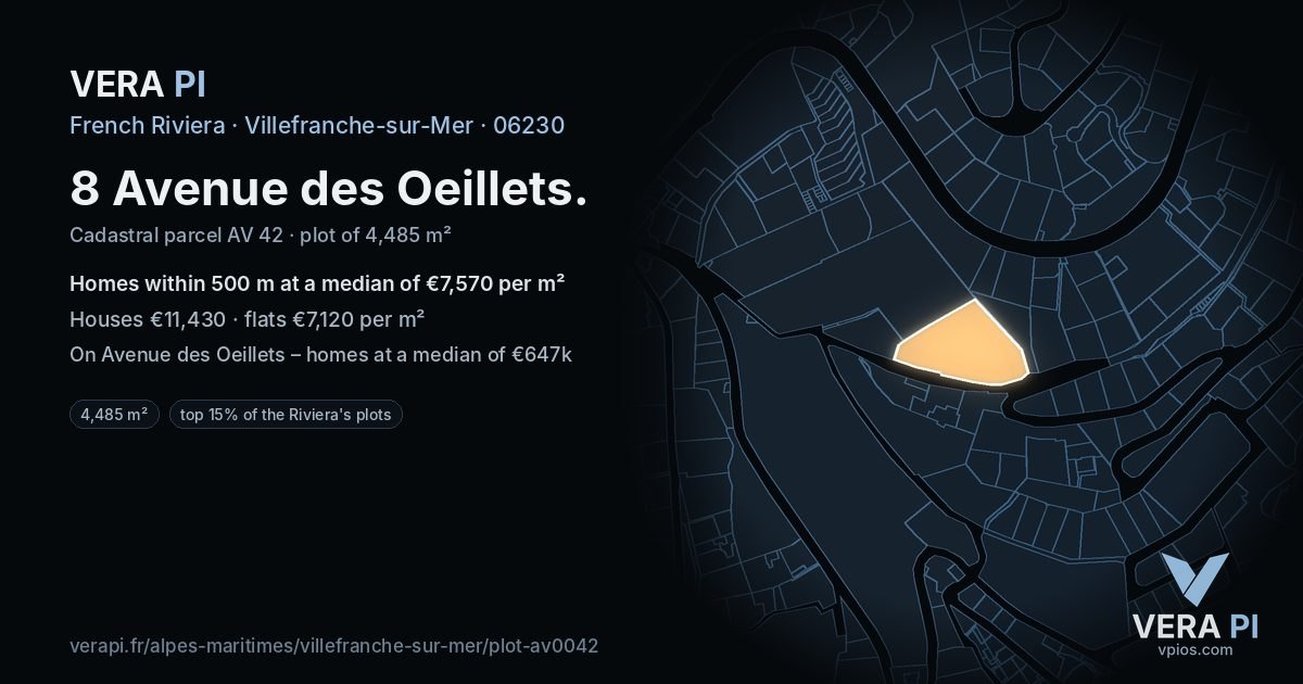 8 Avenue des Oeillets, Villefranche-sur-Mer at night – the plot lit, the parcels around coloured by the prices near them