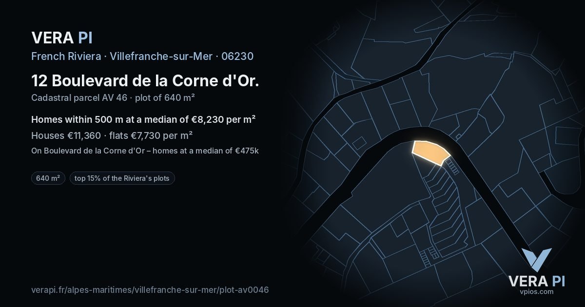 12 Boulevard de la Corne d'Or, Villefranche-sur-Mer at night – the plot lit, the parcels around coloured by the prices near them