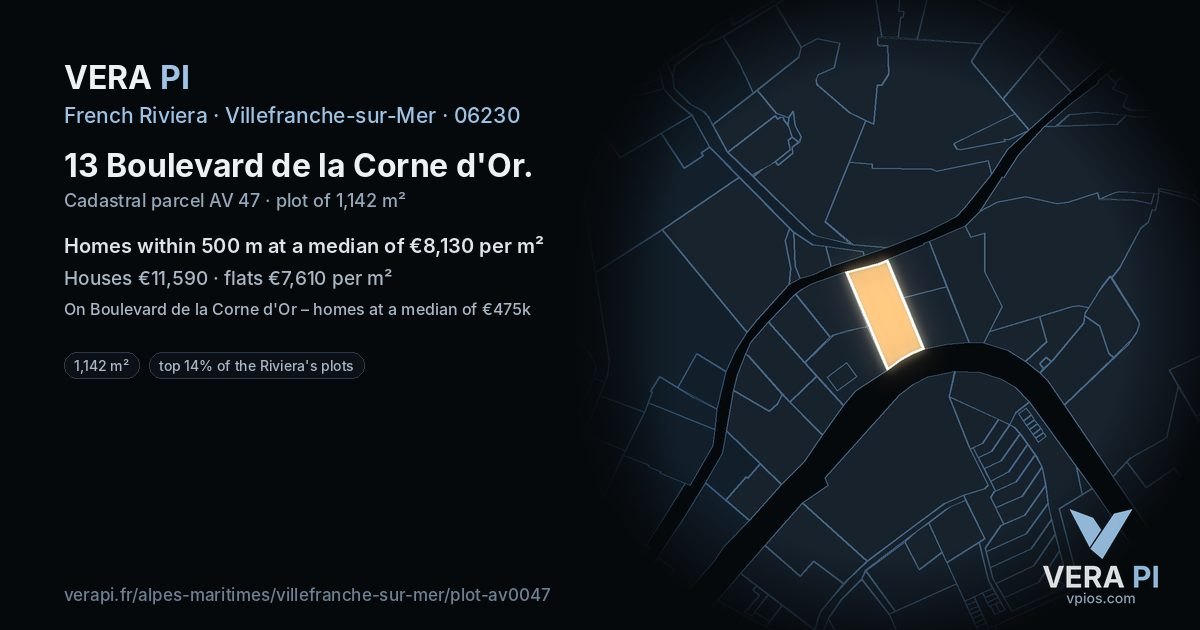 13 Boulevard de la Corne d'Or, Villefranche-sur-Mer at night – the plot lit, the parcels around coloured by the prices near them