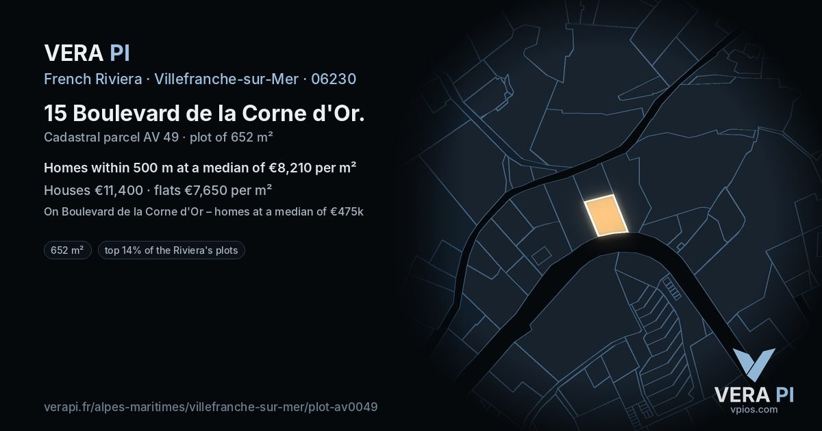 15 Boulevard de la Corne d'Or, Villefranche-sur-Mer at night – the plot lit, the parcels around coloured by the prices near them