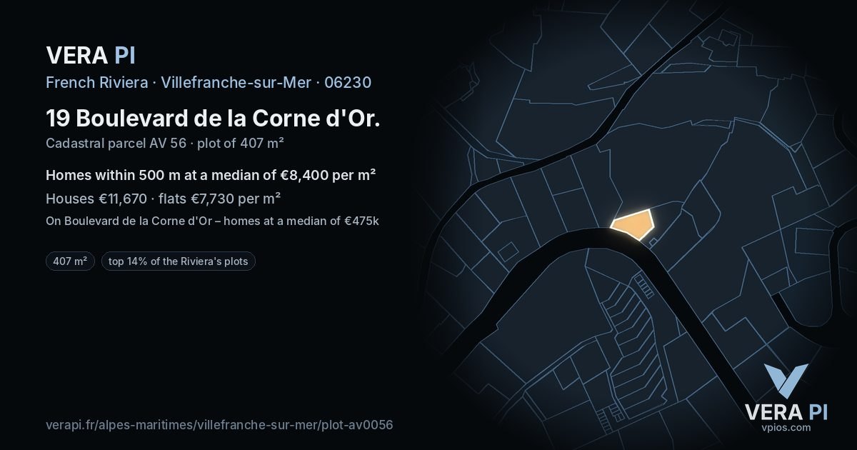 19 Boulevard de la Corne d'Or, Villefranche-sur-Mer at night – the plot lit, the parcels around coloured by the prices near them