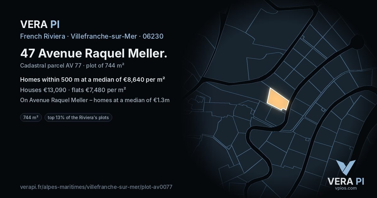 47 Avenue Raquel Meller, Villefranche-sur-Mer at night – the plot lit, the parcels around coloured by the prices near them