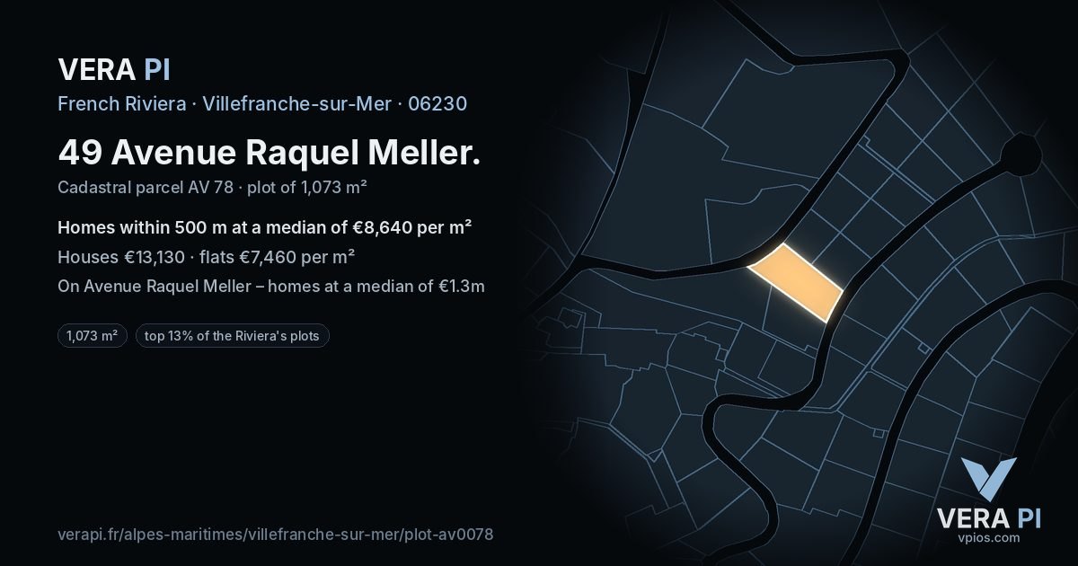 49 Avenue Raquel Meller, Villefranche-sur-Mer at night – the plot lit, the parcels around coloured by the prices near them