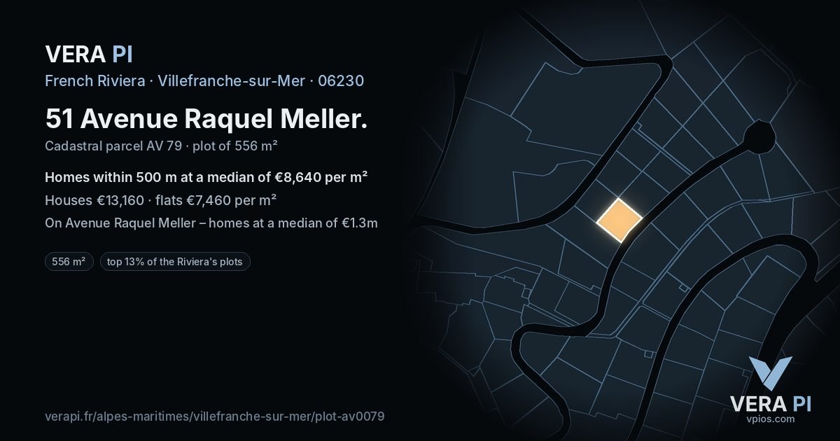 51 Avenue Raquel Meller, Villefranche-sur-Mer at night – the plot lit, the parcels around coloured by the prices near them