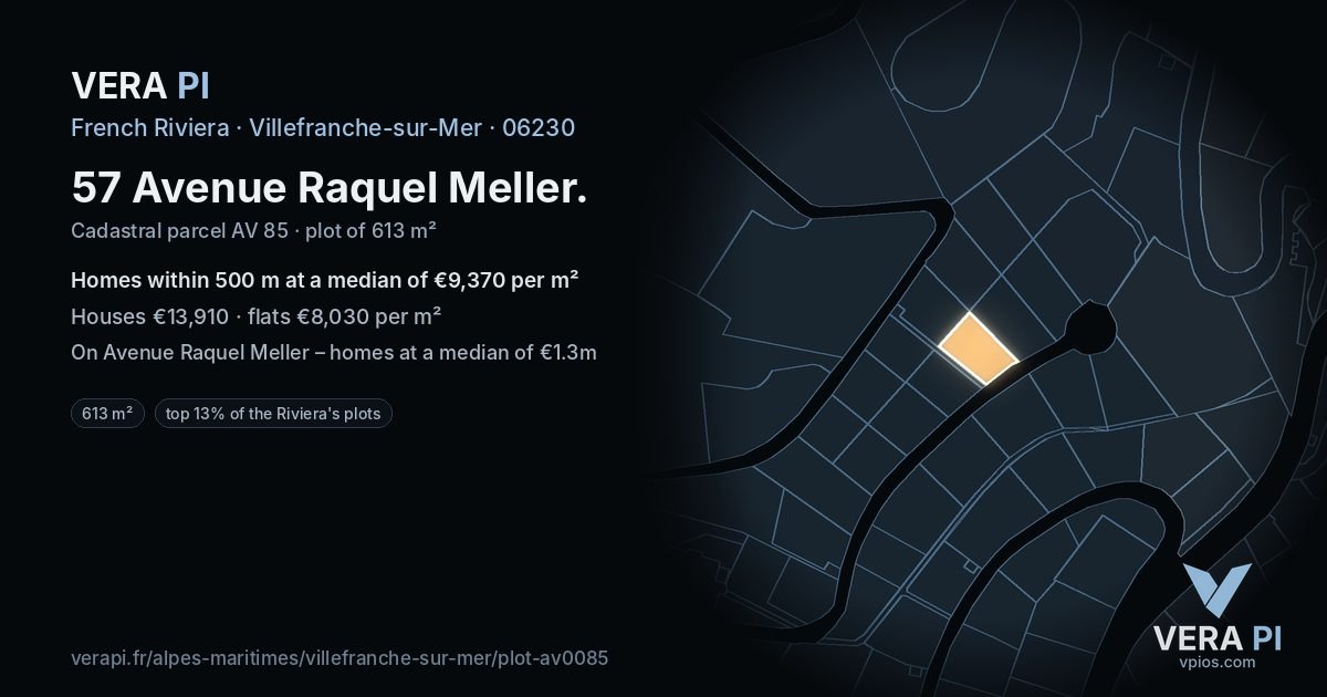 57 Avenue Raquel Meller, Villefranche-sur-Mer at night – the plot lit, the parcels around coloured by the prices near them