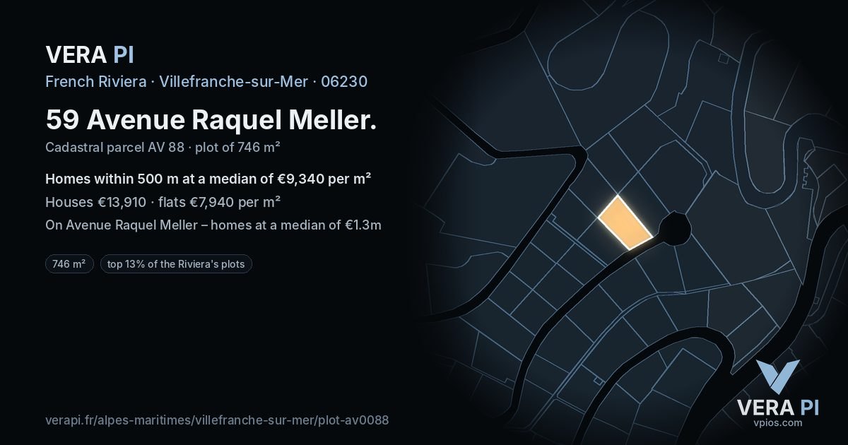59 Avenue Raquel Meller, Villefranche-sur-Mer at night – the plot lit, the parcels around coloured by the prices near them
