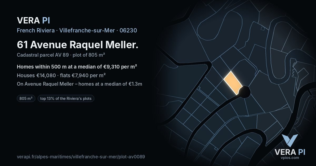 61 Avenue Raquel Meller, Villefranche-sur-Mer at night – the plot lit, the parcels around coloured by the prices near them