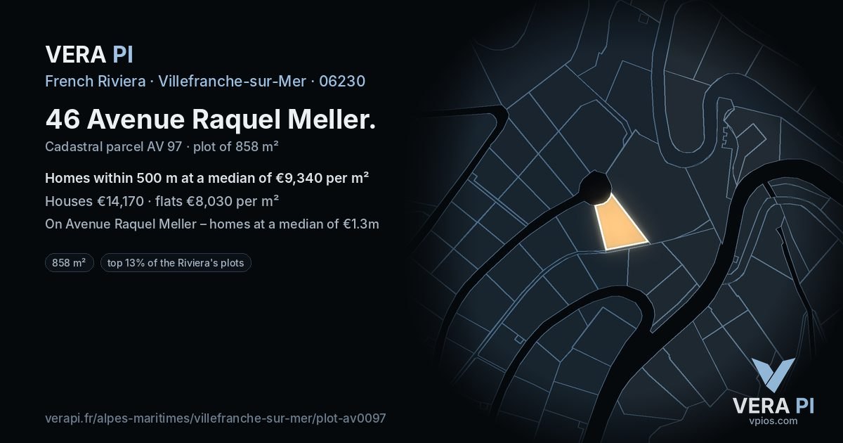 46 Avenue Raquel Meller, Villefranche-sur-Mer at night – the plot lit, the parcels around coloured by the prices near them