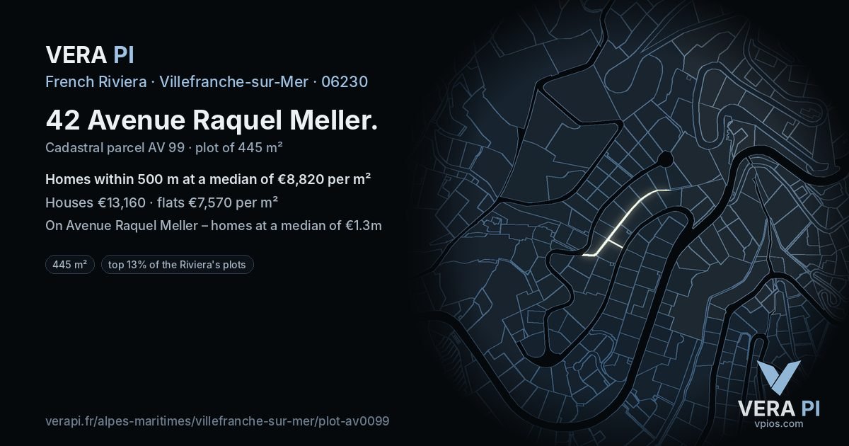 42 Avenue Raquel Meller, Villefranche-sur-Mer at night – the plot lit, the parcels around coloured by the prices near them