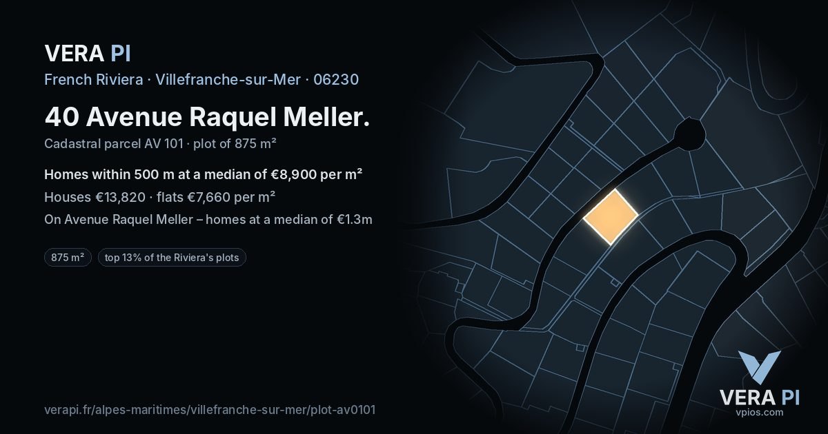 40 Avenue Raquel Meller, Villefranche-sur-Mer at night – the plot lit, the parcels around coloured by the prices near them