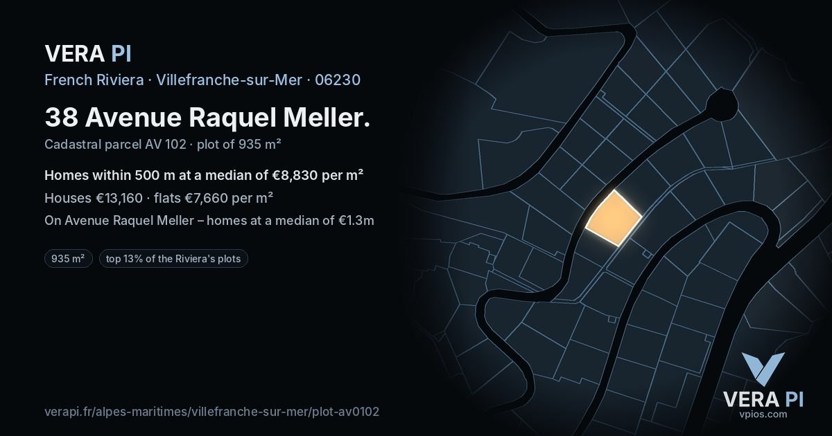 38 Avenue Raquel Meller, Villefranche-sur-Mer at night – the plot lit, the parcels around coloured by the prices near them