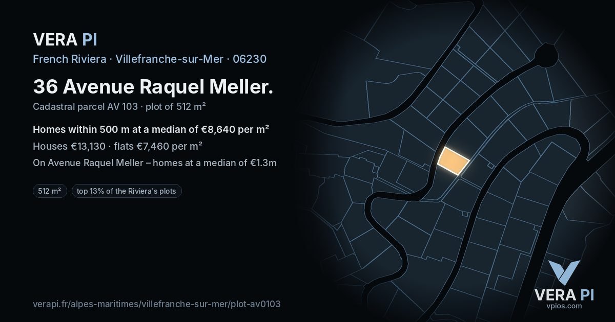 36 Avenue Raquel Meller, Villefranche-sur-Mer at night – the plot lit, the parcels around coloured by the prices near them