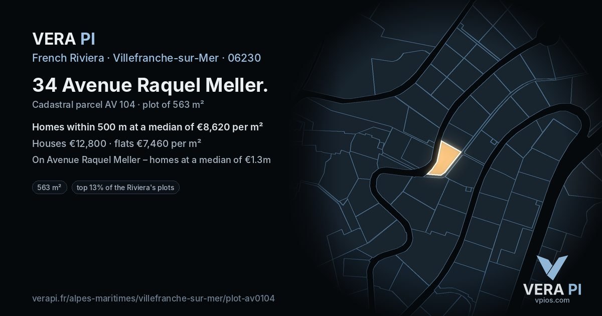 34 Avenue Raquel Meller, Villefranche-sur-Mer at night – the plot lit, the parcels around coloured by the prices near them