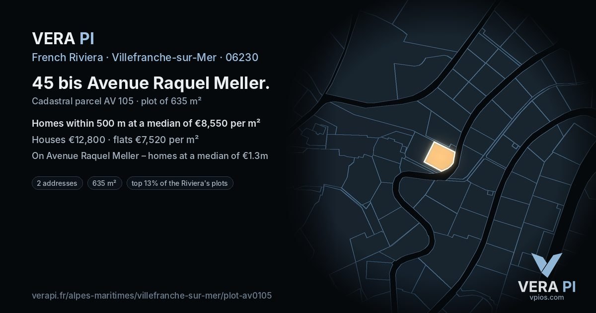 45 bis Avenue Raquel Meller, Villefranche-sur-Mer at night – the plot lit, the parcels around coloured by the prices near them
