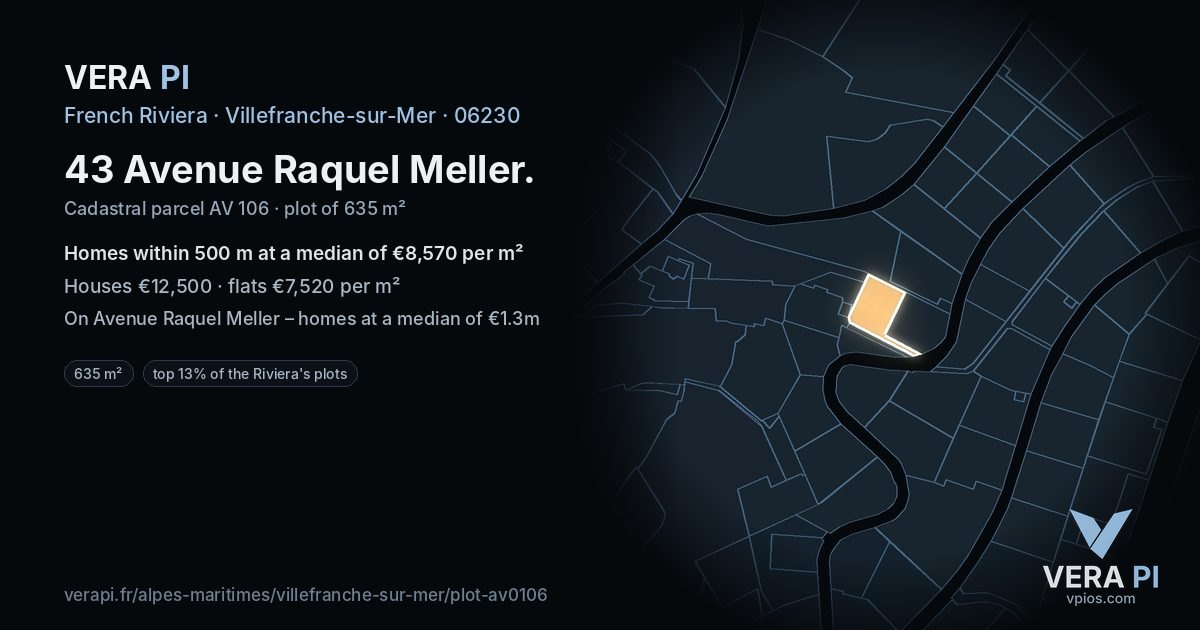 43 Avenue Raquel Meller, Villefranche-sur-Mer at night – the plot lit, the parcels around coloured by the prices near them