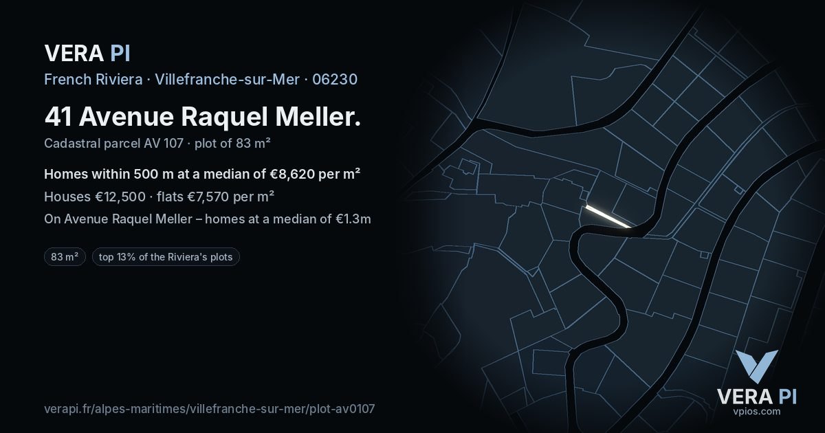 41 Avenue Raquel Meller, Villefranche-sur-Mer at night – the plot lit, the parcels around coloured by the prices near them