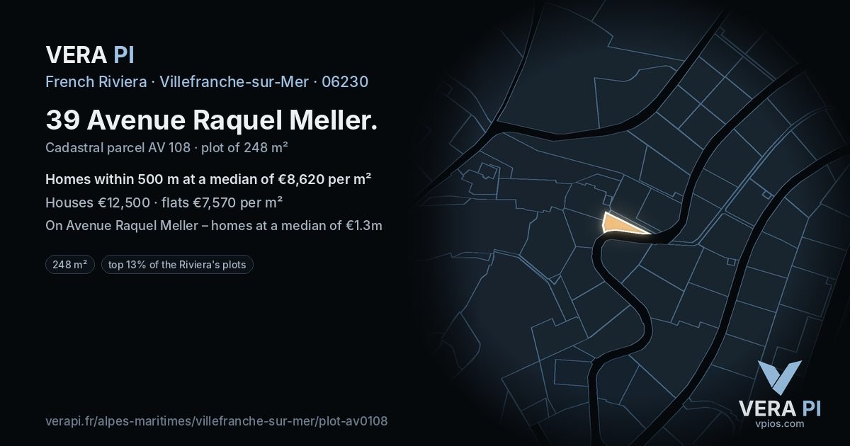 39 Avenue Raquel Meller, Villefranche-sur-Mer at night – the plot lit, the parcels around coloured by the prices near them