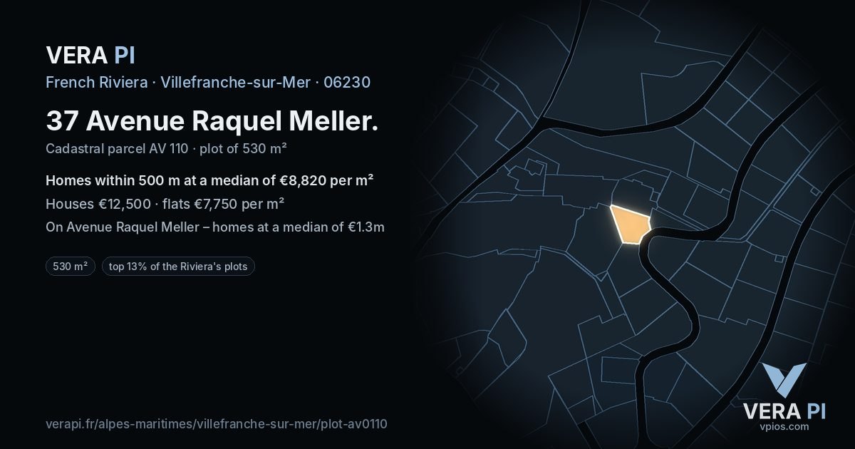 37 Avenue Raquel Meller, Villefranche-sur-Mer at night – the plot lit, the parcels around coloured by the prices near them