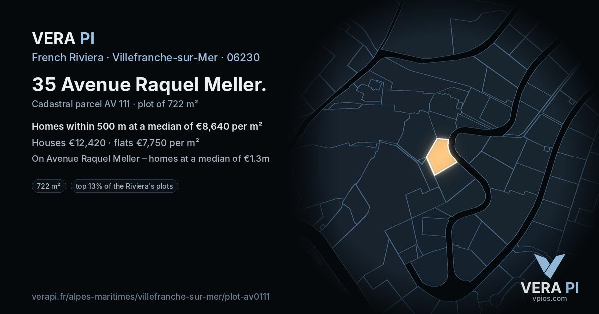35 Avenue Raquel Meller, Villefranche-sur-Mer at night – the plot lit, the parcels around coloured by the prices near them