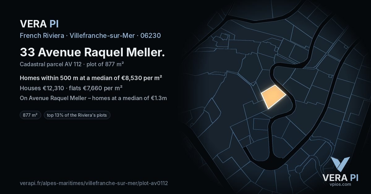 33 Avenue Raquel Meller, Villefranche-sur-Mer at night – the plot lit, the parcels around coloured by the prices near them