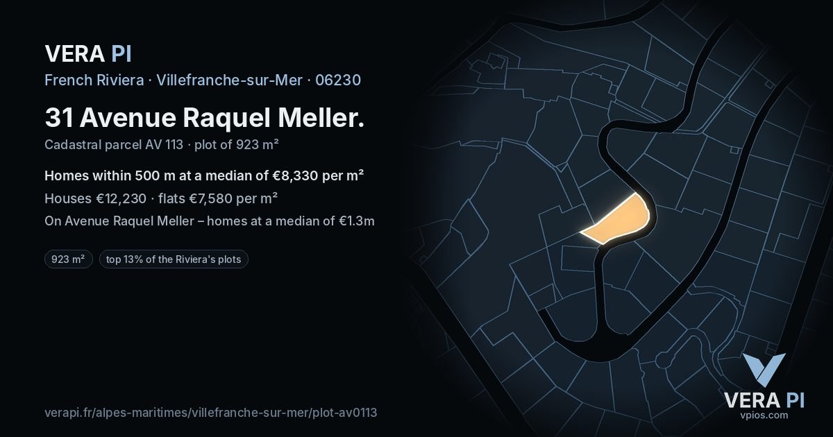 31 Avenue Raquel Meller, Villefranche-sur-Mer at night – the plot lit, the parcels around coloured by the prices near them