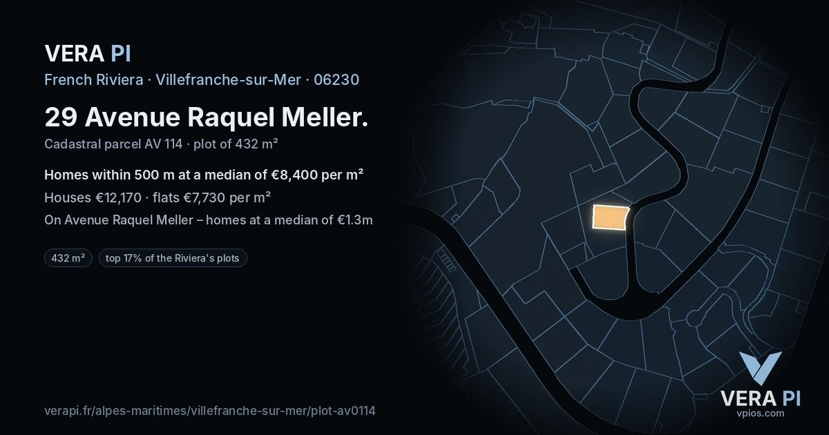 29 Avenue Raquel Meller, Villefranche-sur-Mer at night – the plot lit, the parcels around coloured by the prices near them