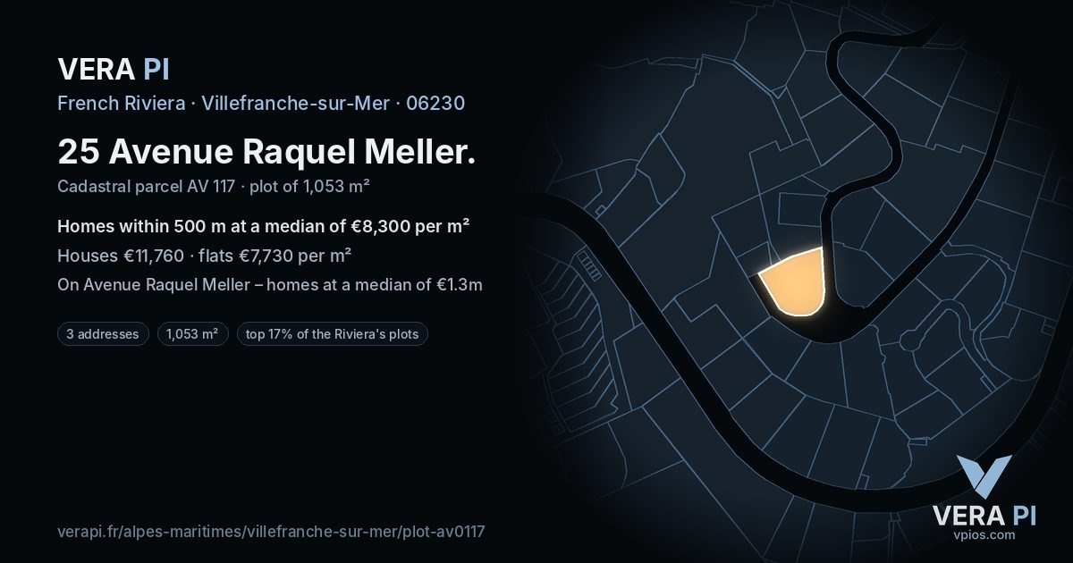 25 Avenue Raquel Meller, Villefranche-sur-Mer at night – the plot lit, the parcels around coloured by the prices near them