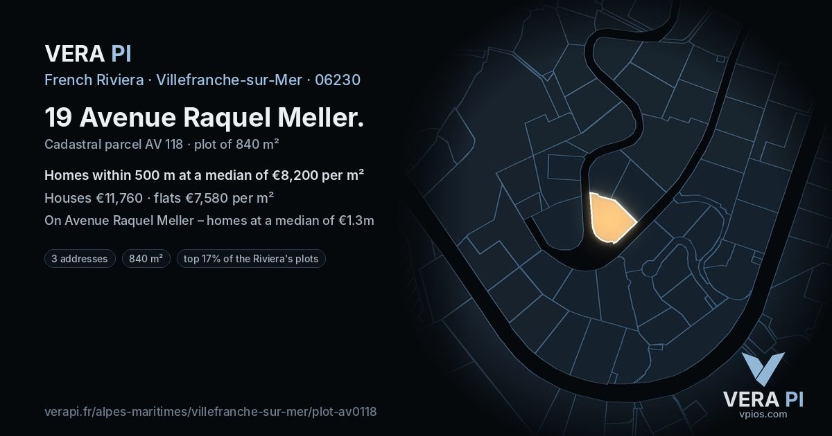 19 Avenue Raquel Meller, Villefranche-sur-Mer at night – the plot lit, the parcels around coloured by the prices near them