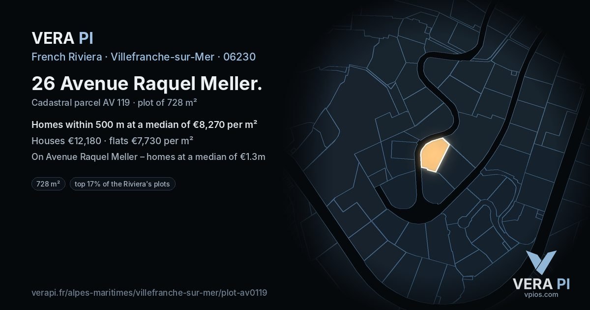 26 Avenue Raquel Meller, Villefranche-sur-Mer at night – the plot lit, the parcels around coloured by the prices near them