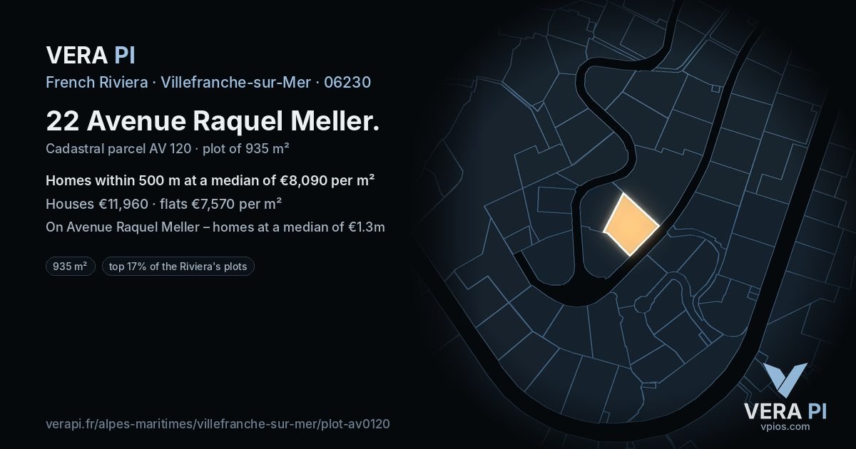 22 Avenue Raquel Meller, Villefranche-sur-Mer at night – the plot lit, the parcels around coloured by the prices near them