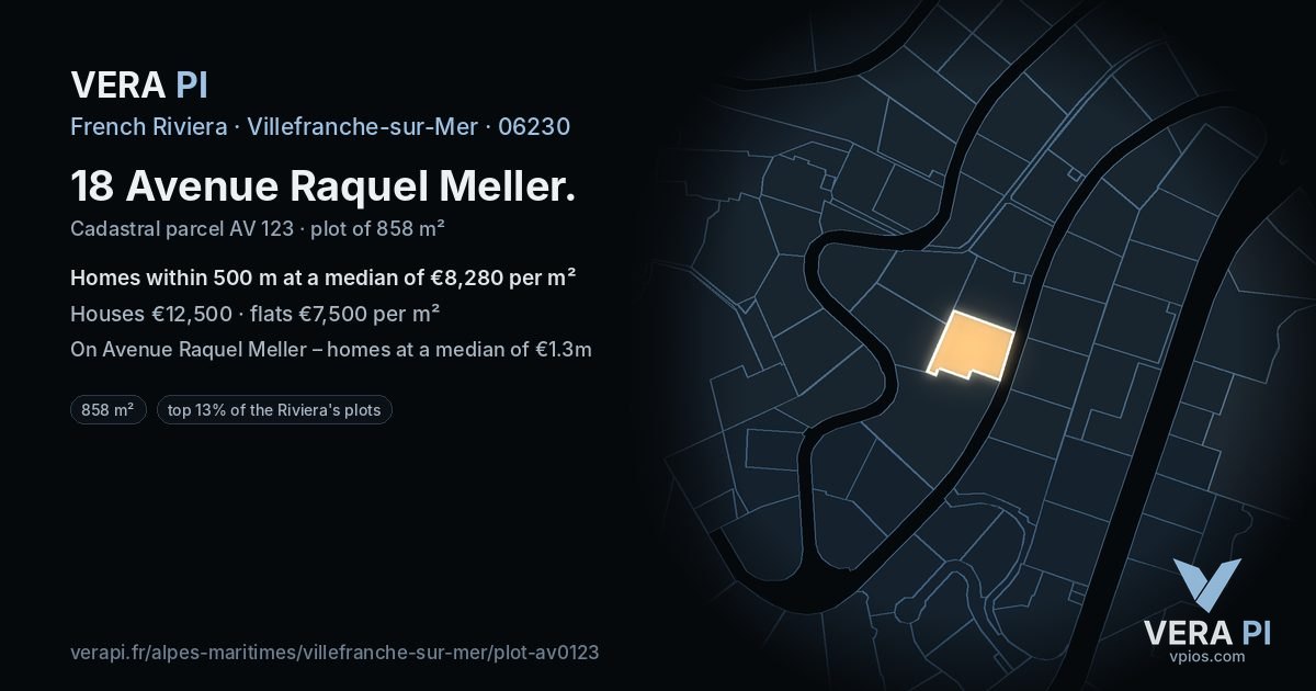18 Avenue Raquel Meller, Villefranche-sur-Mer at night – the plot lit, the parcels around coloured by the prices near them