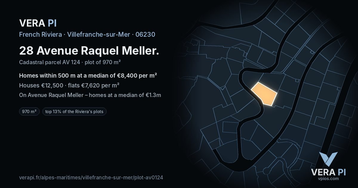 28 Avenue Raquel Meller, Villefranche-sur-Mer at night – the plot lit, the parcels around coloured by the prices near them