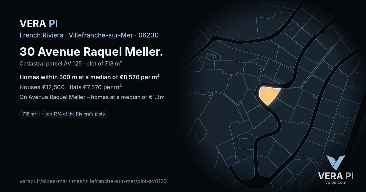 30 Avenue Raquel Meller, Villefranche-sur-Mer at night – the plot lit, the parcels around coloured by the prices near them