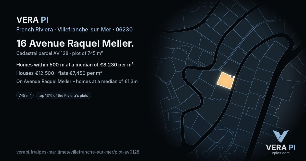 16 Avenue Raquel Meller, Villefranche-sur-Mer at night – the plot lit, the parcels around coloured by the prices near them