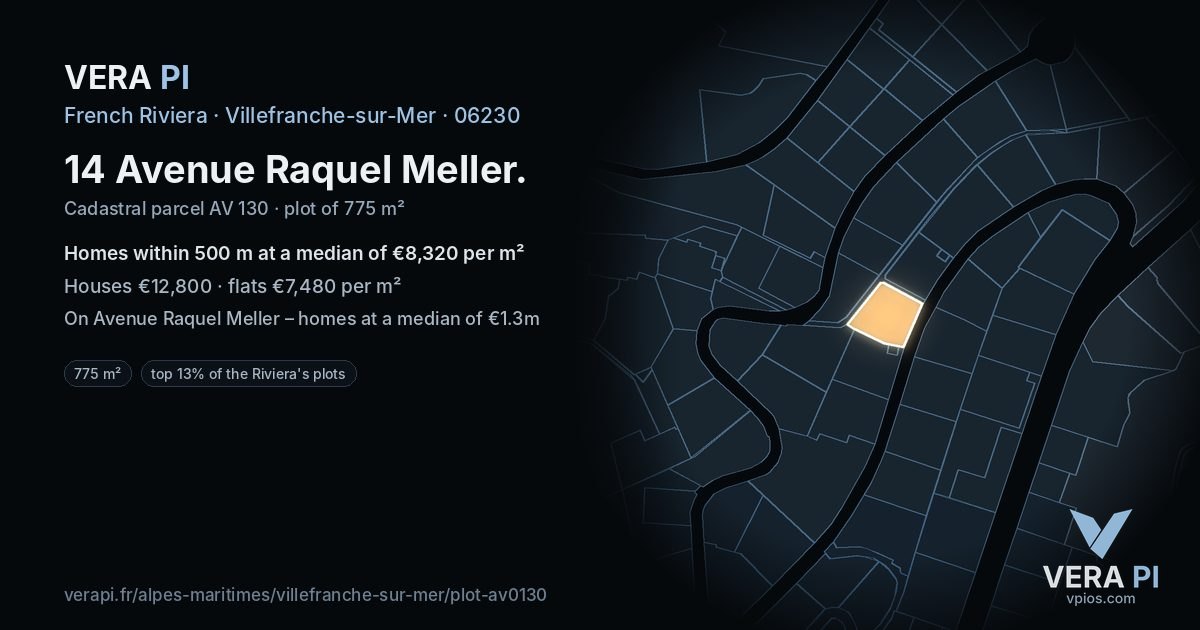 14 Avenue Raquel Meller, Villefranche-sur-Mer at night – the plot lit, the parcels around coloured by the prices near them