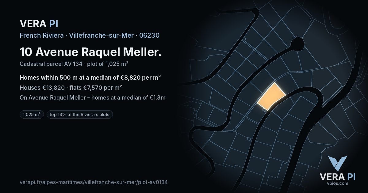 10 Avenue Raquel Meller, Villefranche-sur-Mer at night – the plot lit, the parcels around coloured by the prices near them