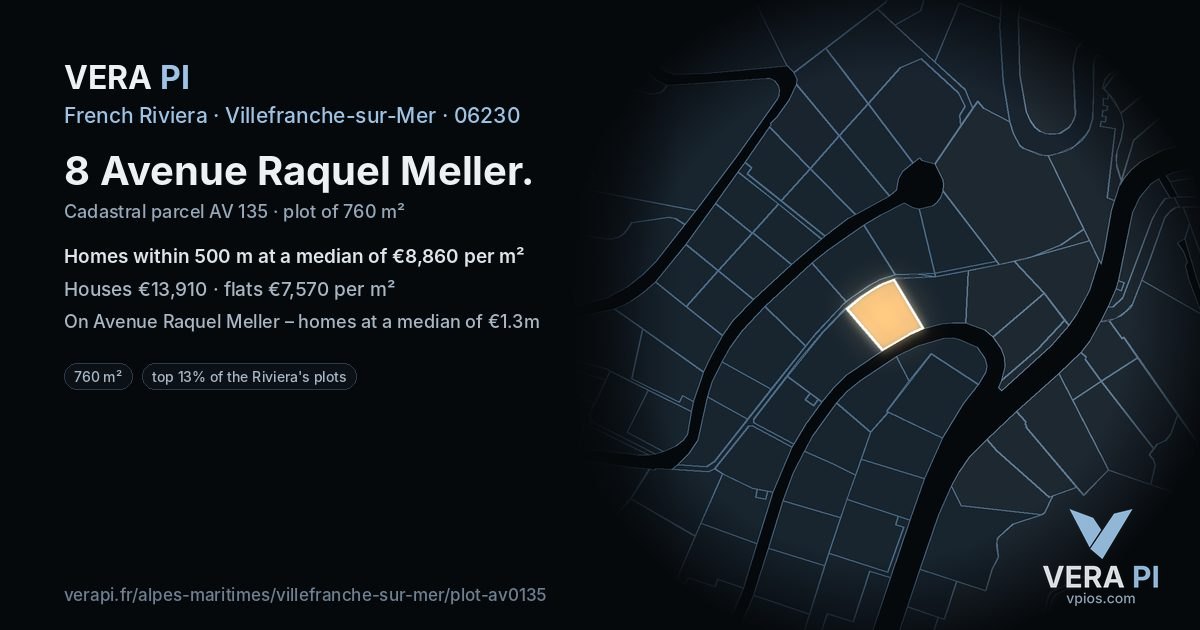 8 Avenue Raquel Meller, Villefranche-sur-Mer at night – the plot lit, the parcels around coloured by the prices near them